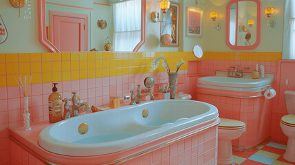 Vintage Coral and Yellow Tiled Bathroom Interior