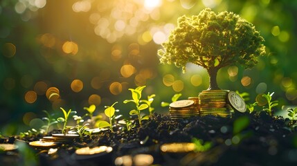 tree growing of accumulating wealth coin money investment overtime and building retirement or...