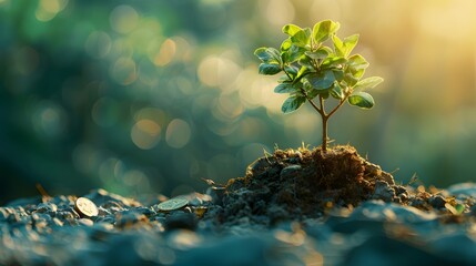 tree growing of accumulating wealth coin money investment overtime and building retirement or capital assets portfolio , success in business and startups or income of trading and dividend stock market