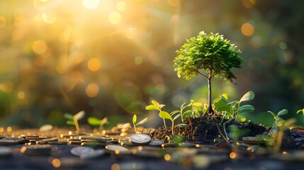 tree growing of accumulating wealth coin money investment overtime and building retirement or capital assets portfolio , success in business and startups or income of trading and dividend stock market