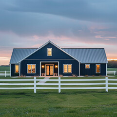 Obraz premium navy blue modern barndominim with white trim, aluminum picket fencing, large yard, beautiful green grass, overcast sky