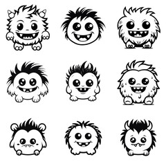 set of cute monster fluffy cartoon black and white vector illustration isolated transparent background logo, cut out or cutout t-shirt print design, poster, baby products, packaging design