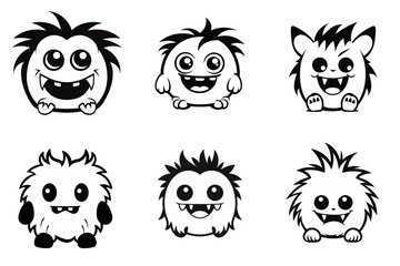 set of cute monster fluffy cartoon black and white vector illustration isolated transparent background logo, cut out or cutout t-shirt print design, poster, baby products, packaging design