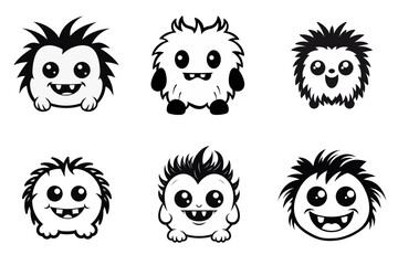 set of cute monster fluffy cartoon black and white vector illustration isolated transparent background logo, cut out or cutout t-shirt print design, poster, baby products, packaging design