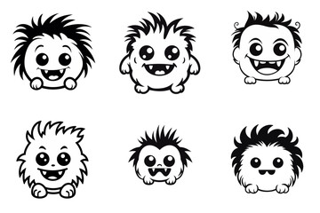set of cute monster fluffy cartoon black and white vector illustration isolated transparent background logo, cut out or cutout t-shirt print design, poster, baby products, packaging design
