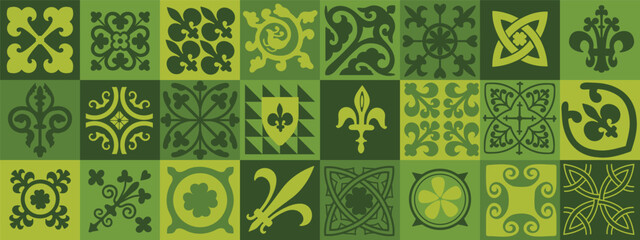 Medieval square floor tiles with Irish folk motifs and knots. Celtic tribal seamless pattern. 