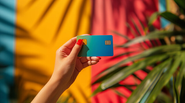 Hand holding shopping credit card, vibrant tropical leaves background, symbolizing leisure, travel finance, secure checkout, rewards, shopping credit card