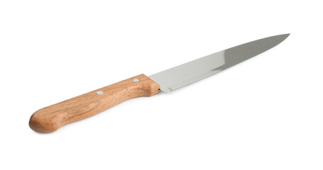 One sharp knife with wooden handle isolated on white