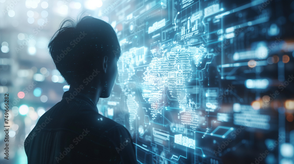 Poster businessman show virtual graphics global internet connect, artificial intelligence, using command to