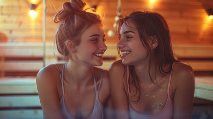 Women, talk and relax in the sauna at the spa with a healthy detox of sweat for beauty, wellness and skincare. Friends, treatment and sitting in steam room