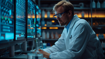 Advanced Medical Science Laboratory, Male expert analyzing DNA through computer at laboratory