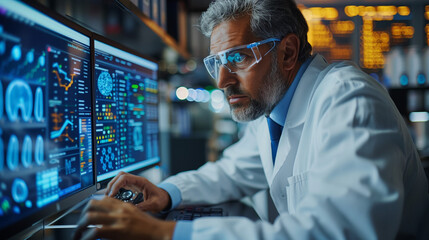 Advanced Medical Science Laboratory: Medical Scientist Working on Personal Computer with Screen Showing Virus Analysis Software User Interface. Scientists Developing Vaccine, Drugs and Antibiotics