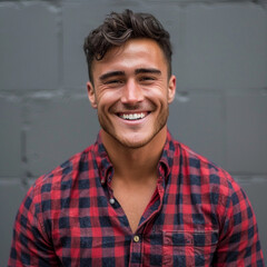good looking, happy, smiling, dark short hand clean shave, muscular, strong, square jaw, button up plaid collared shirt - obrazy, fototapety, plakaty