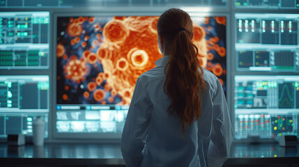 Advanced Medical Science Laboratory: Medical Scientist Working on Personal Computer with Screen Showing Virus Analysis. Scientists Developing Vaccines, Drugs, and Antibiotics