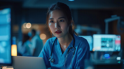 Asian Doctor on a laptop in night healthcare, planning research or surgery teamwork in wellness hospital. Talking, thinking, or medical women on technology for collaboration help or life insurance app