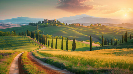 Toscane landscape Italy at sunset, Well known Tuscany landscape with grain fields, cypress trees and houses on the hills at sunset. Summer rural landscape with curved road in Tuscany, Italy, Europe - obrazy, fototapety, plakaty