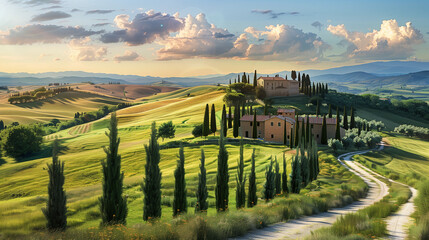 Toscane Landscape Italy, road leading to a farm, curved road in Tuscany - obrazy, fototapety, plakaty