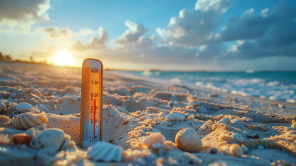 Close-up Of Thermometer On Sand Showing High Temperature - obrazy, fototapety, plakaty