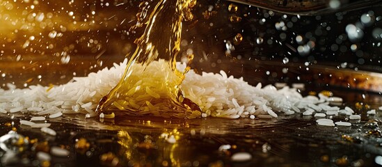 A large pile of rice is being poured onto a flat table surface. The grains of rice are cascading down in a flowing motion, creating a mound of food on the table. - obrazy, fototapety, plakaty