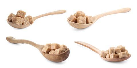 Brown sugar cubes in spoons isolated on white, set