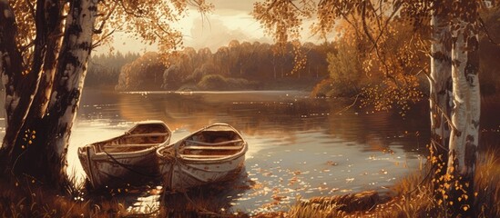 Two weathered rowing boats are moored in the water, surrounded by birch trees. The scene captures a...