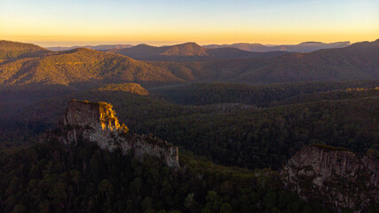 aerial panorama of mountains in main range national park, queensland, australia; famous rocky mountains - the steamers near mount superbus