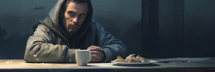Foto op Plexiglas homeless person in a social canteen, homeless man eating, helping disadvantaged people © Siarhei