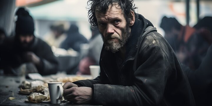 homeless person in a social canteen, homeless man eating, helping disadvantaged people