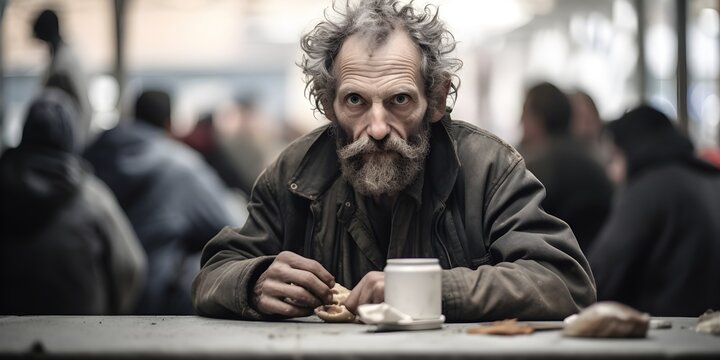 homeless person in a social canteen, homeless man eating, helping disadvantaged people