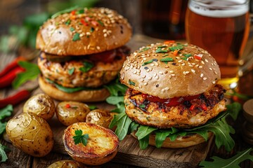 Fresh Gourmet Chicken Burger with cheese closeup on wooden rustic table with rustic potato