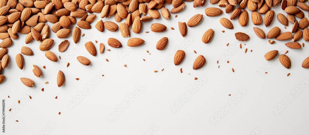 Poster a collection of almond kernels stacked on top of each other, creating a pile on a clean white backgr