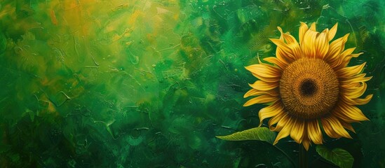 Fototapeta na wymiar A detailed painting showcasing a vibrant sunflower set against a lush green background. The sunflower stands out with its bright yellow petals and dark center, while the green background adds contrast