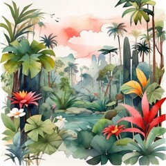 painting jungle with palm tree and tropical plant
