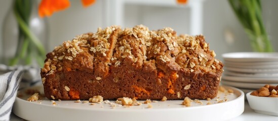 A close-up view of a vegan banana carrot cake resting on a white plate. The cake is topped with nutty oats, giving it a wholesome and delicious appearance.