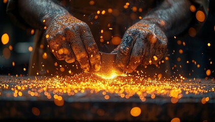 Craftsmanship is born from fire and skill in the blacksmith's realm, where a mesmerizing dance of strength and precision turns raw steel into art - obrazy, fototapety, plakaty