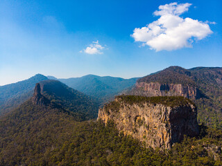 aerial panorama of mountains in main range national park, queensland, australia; famous rocky...