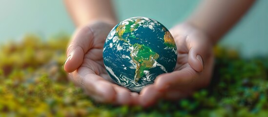 Human hands holding earth globe. World environment day concept
