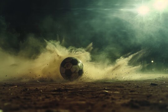Soccer ball kicking up dust on a gritty field under the floodlights, capturing the raw energy of the game.

