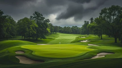 Tuinposter A vibrant green golf course with perfectly manicured grass, sand bunkers, and towering trees under a dramatic cloudy sky. © NaphakStudio