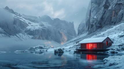 A solitary red cabin stands out against a dramatic snowy mountain landscape, with a serene lake in the foreground under a gloomy sky.