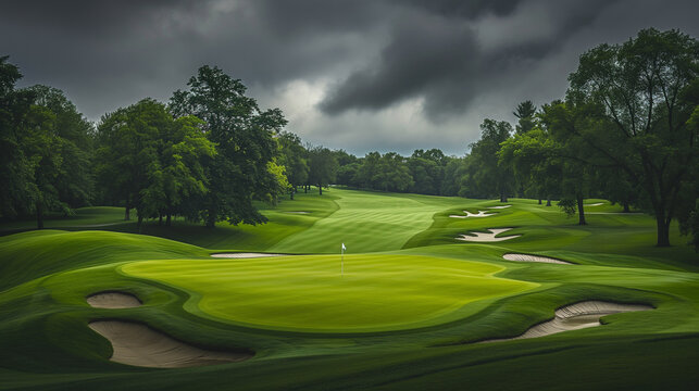 A vibrant green golf course with perfectly manicured grass, sand bunkers, and towering trees under a dramatic cloudy sky.