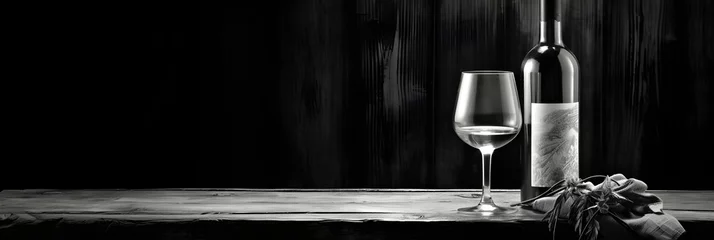 Poster Black and White Vinous Bliss - Wine Bottle and Glass in a Rustic Setting © Olive