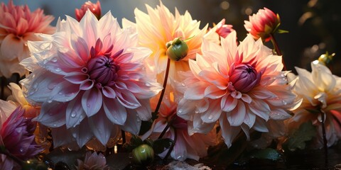 Close Up of Dahlia Flowers With Water Droplets Generative AI