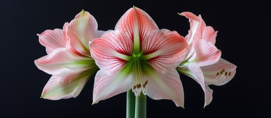A detailed view of a pink Amaryllis flower with delicate netted veined petals set against a stark black background. The vibrant pink hue contrasts beautifully with the dark backdrop.