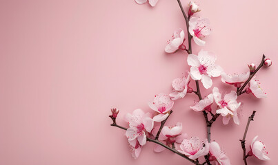 a branch of a cherry tree with pink flowers on a pink background,Generative AI 