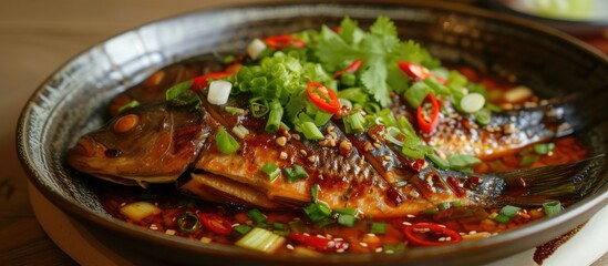 A bowl filled with freshly cooked fish and Chinese celery in Asian style, creating a delicious and nutritious meal. The fish and vegetables are tender and flavorful, making for a satisfying dining