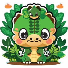 create a cute baby crocodile in a forest background composed in a vertical postage stamp for a collection series, vector illustration kawaii