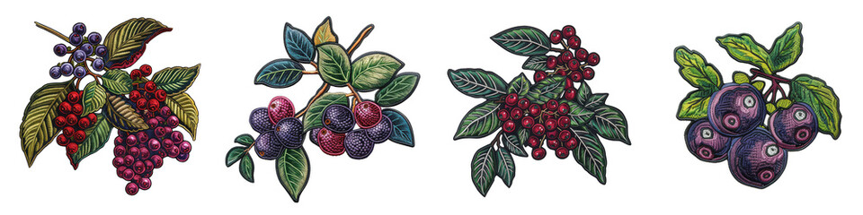Chokeberry fruit embroidered patch badge Hyperrealistic Highly Detailed Isolated On Transparent Background Png File