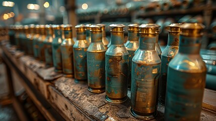 Many of new artillery shells are in military warehouse, metal munition in storage of weapons factory closeup. Concept of war, background, equipment, supply, production