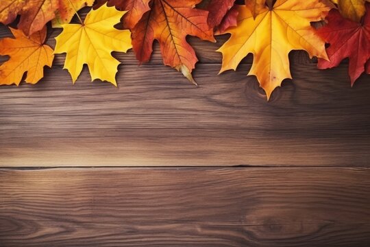 Scenic layout of colorful autumn leaves framing the edges of a dark wooden backdrop. Autumnal Leaves Wooden Backdrop